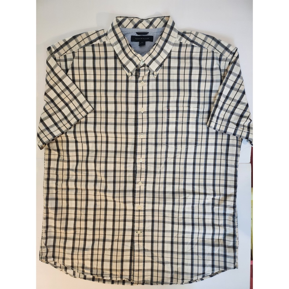 Tommy Hilfiger Mens XXL Plaid Short Sleeve Button Down Shirt Navy White Cotton